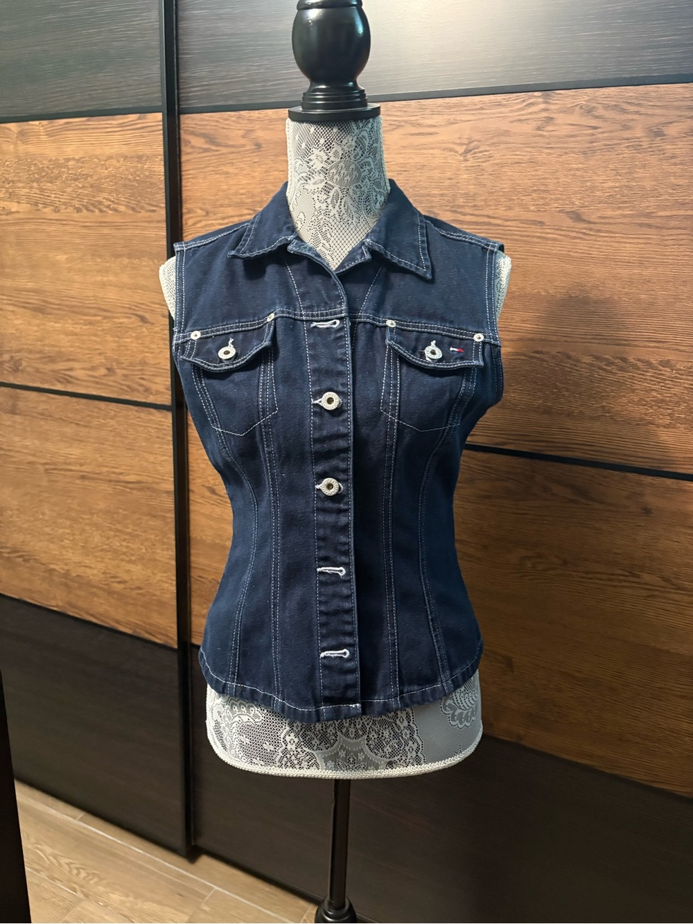 Tommy Jeans Denim Sleeveless Button-Front Vest in Dark Indigo